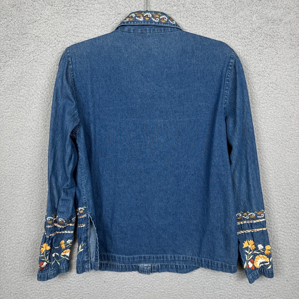 VTG Simrin Top Womens M Blue Denim Embroidered Floral Boho Cowgirl Ranch Prairie - Picture 3 of 11